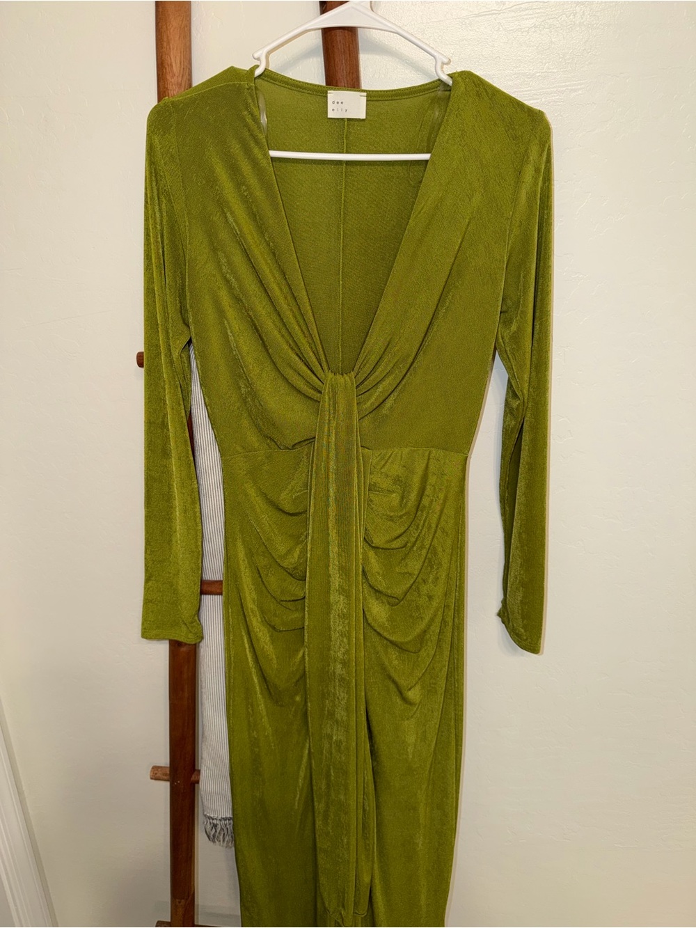 Olive Green Long Sleeve Drape-Front Women’s Dress